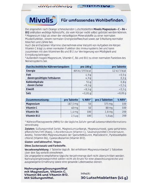 Пастилки Mivolis Magnesium + Vitamin C + Vitamin B6 + B12, 30 шт., 45 г 00000003327 фото